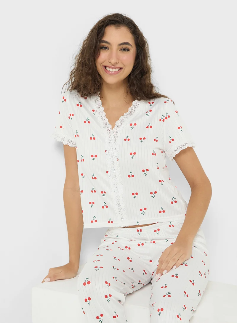 جينجر Cherry Print Lace Detail Shirt & Pyjama Set
