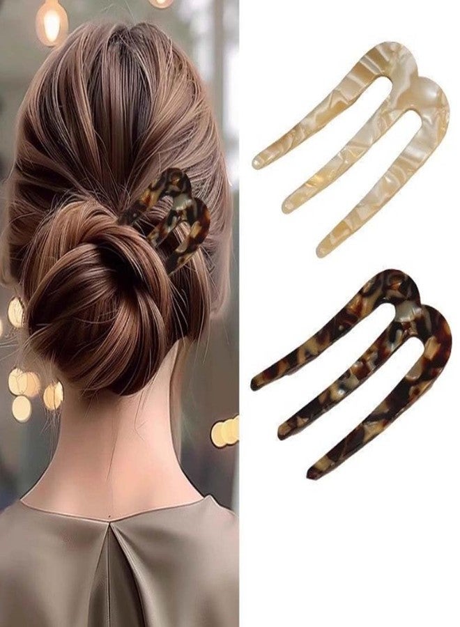 LINXI 2 Pcs French Hair Pins for Women, U Shaped Hair Forks, French Twist Hair Pin Clips, Vintage Hairstyle Accessories Cellulose Acetate 3 Prong Bun Hair Sticks - Image 1