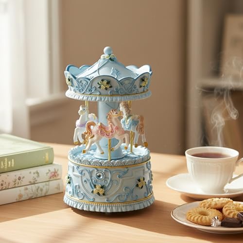 Mr.Winder Lighted Rotating Carousel Music Box, Wind Up Musical Merry-Go-Round Figurine, Hand Painted Vintage Blue Collectible Decor, Plays Over The Rainbow, Gift for Girls, Women, Nursery, Bedroom - Image 1
