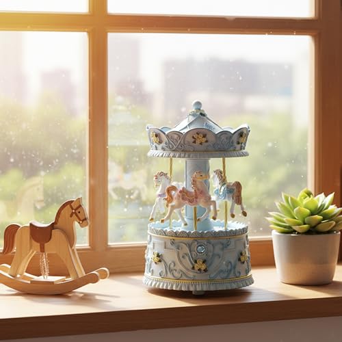 Mr.Winder Lighted Rotating Carousel Music Box, Wind Up Musical Merry-Go-Round Figurine, Hand Painted Vintage Blue Collectible Decor, Plays Over The Rainbow, Gift for Girls, Women, Nursery, Bedroom - Image 3