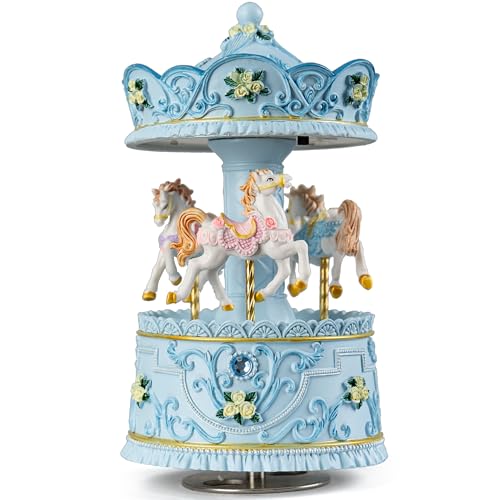 Mr.Winder Lighted Rotating Carousel Music Box, Wind Up Musical Merry-Go-Round Figurine, Hand Painted Vintage Blue Collectible Decor, Plays Over The Rainbow, Gift for Girls, Women, Nursery, Bedroom - Image 5