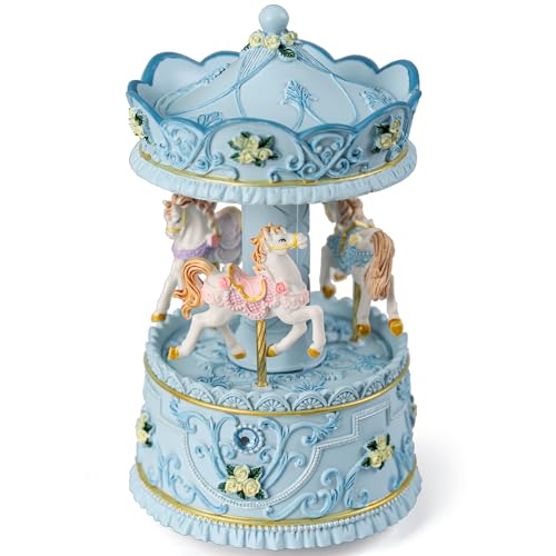 Mr.Winder Lighted Rotating Carousel Music Box, Wind Up Musical Merry-Go-Round Figurine, Hand Painted Vintage Blue Collectible Decor, Plays Over The Rainbow, Gift for Girls, Women, Nursery, Bedroom - Image 4