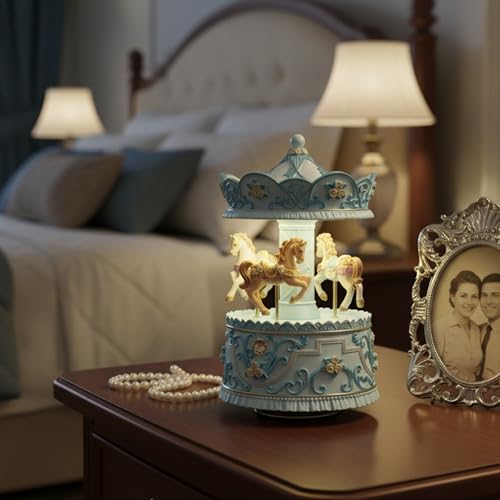 Mr.Winder Lighted Rotating Carousel Music Box, Wind Up Musical Merry-Go-Round Figurine, Hand Painted Vintage Blue Collectible Decor, Plays Over The Rainbow, Gift for Girls, Women, Nursery, Bedroom - Image 2