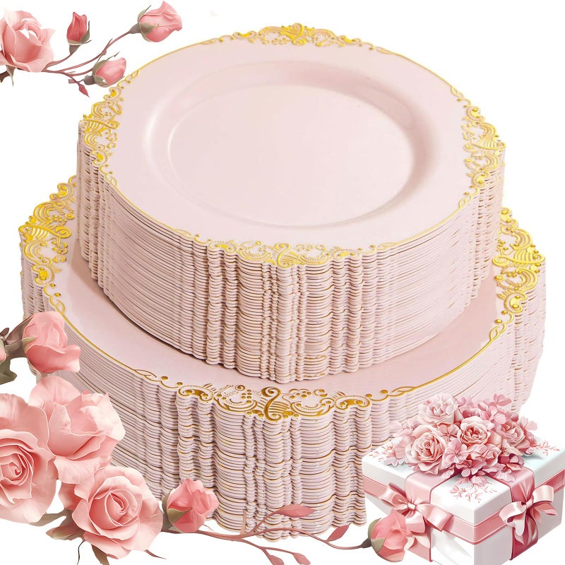 Joyido 102PCS Pink Plastic Plates Pink and Gold Plate Heavyweight Disposable Plate with Gold Rim Fancy Dinner Dessert Plates for 51 Guests Weddings Parties