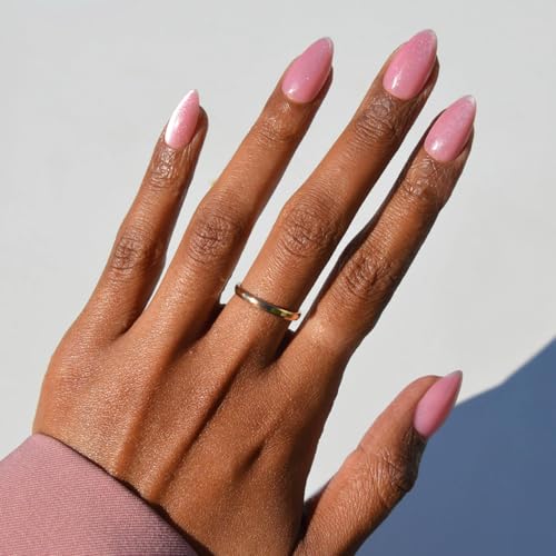 Glamnetic Press On Nails Shine For You Spring Nails Short Almond Fake Nails in Pink Velvet Base with Silver Tips in a Velvet Finish Salon Quality 15 Sizes 30 Nail Kit with Glue - Image 1