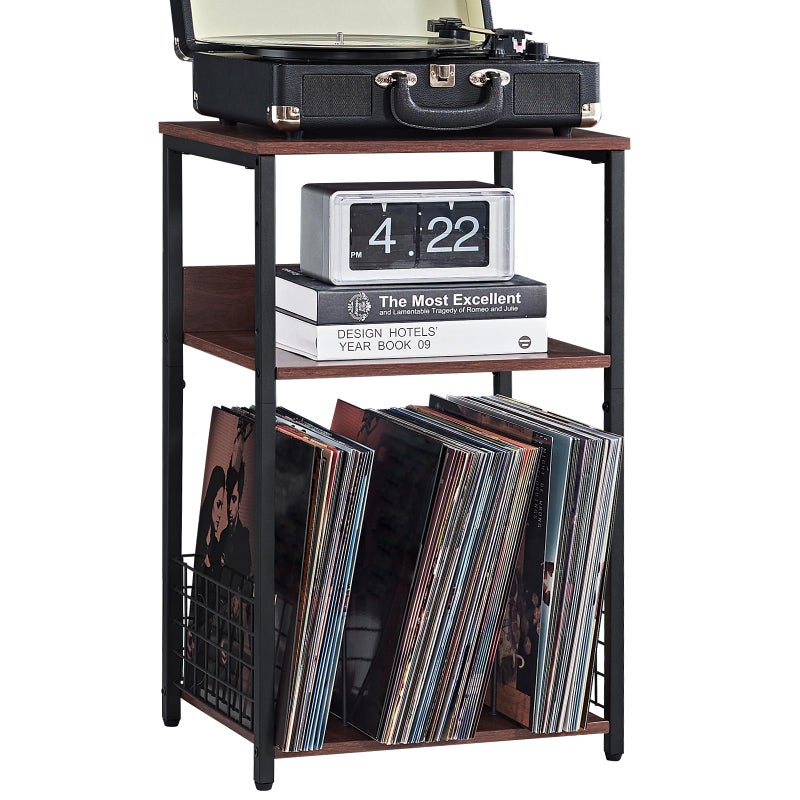 LELELINKY 3 Tier End Table,Record Player Stand with Storage Up to 100 Albums, Turntable Stand for Vinyl, Walnut Couch Nightstand Side Tables for Living Room Bedroom - Image 1