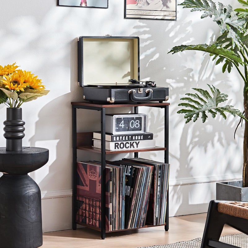 LELELINKY 3 Tier End Table,Record Player Stand with Storage Up to 100 Albums, Turntable Stand for Vinyl, Walnut Couch Nightstand Side Tables for Living Room Bedroom - Image 3