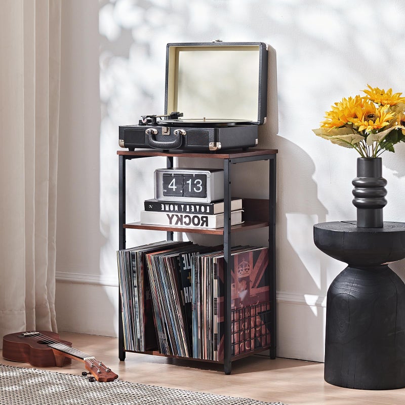 LELELINKY 3 Tier End Table,Record Player Stand with Storage Up to 100 Albums, Turntable Stand for Vinyl, Walnut Couch Nightstand Side Tables for Living Room Bedroom - Image 4