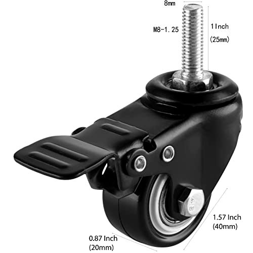 YEEMIGO 1.5 Inch Swivel Caster Wheels Set of 4, YEEMIGO Locking Casters Heavy Duty Total Capacity 330lbs, Metric M8×25mm Threaded Stem PU Casters with Brake, Castors for Hardwood Floor Carpet - Image 2