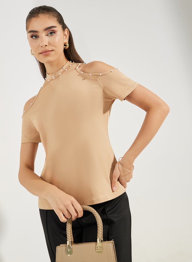 Styli Styli Embellished Cold Shoulder Sleeves T-Shirt  - Image 1