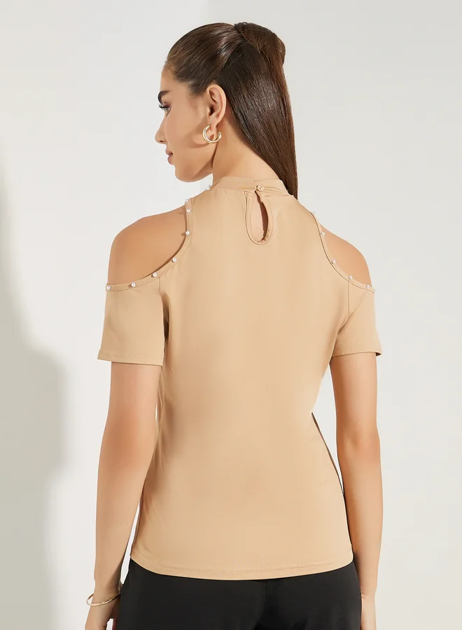 Styli Styli Embellished Cold Shoulder Sleeves T-Shirt