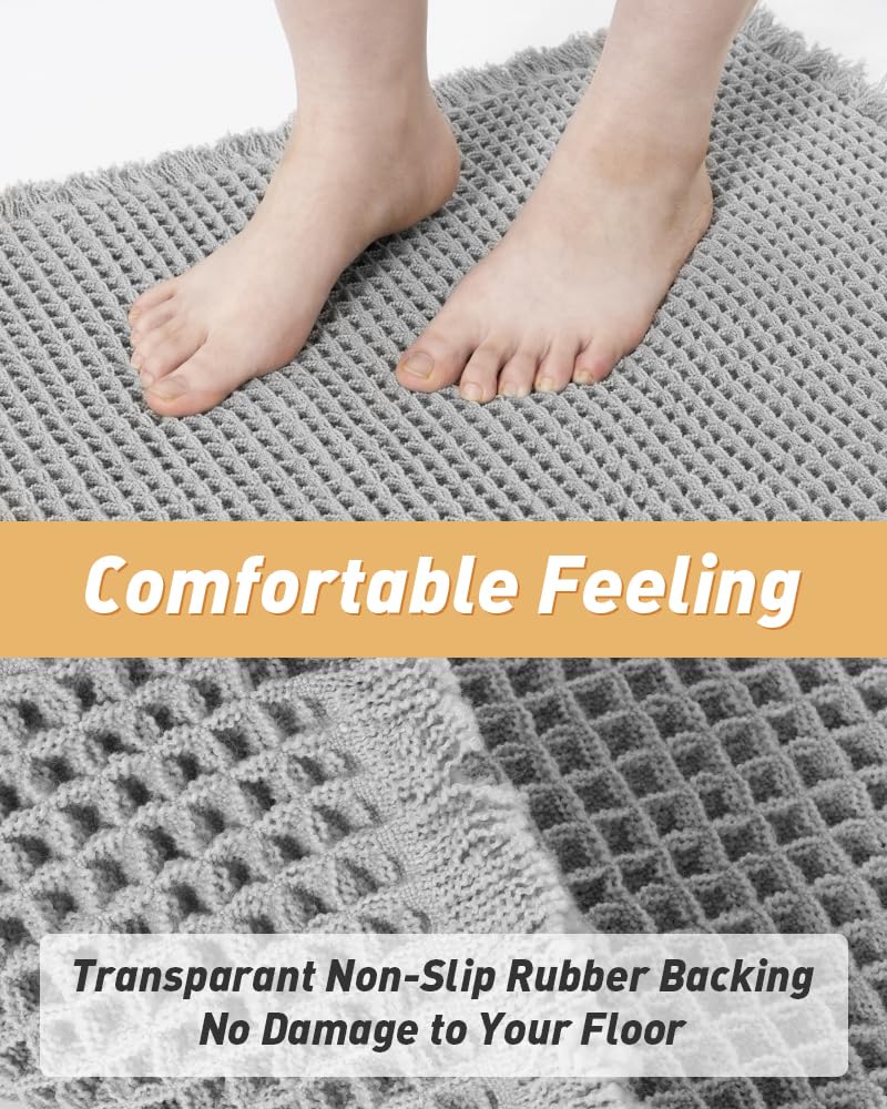 AMOAMI Upgraded Waffle Bath Mat, Super Absorbent Non Slip Bath Mats for Bathroom Floor, Machine Washable Bathroom Rugs with Tassels, Rubber Backed Bathroom Mats, Ultra Soft, 17" x 24", Grey - Image 3