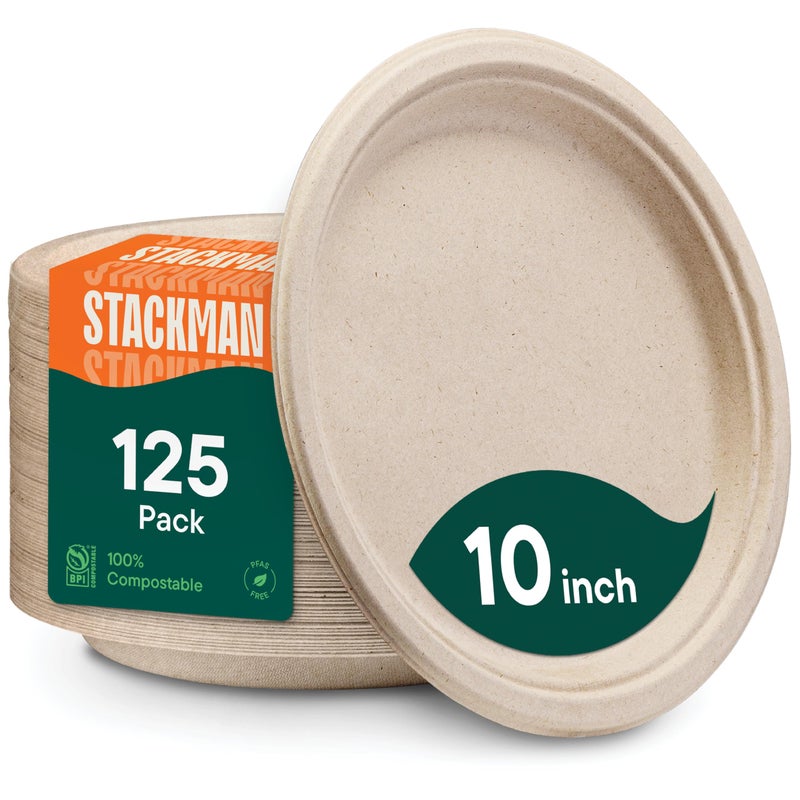 Stack Man Paper Plates  100% Compostable Heavy Duty Disposable 10 Inch Plate - [125-Pack] - {PFAS-Free} - {BPI Certified} Eco-Friendly  Biodegradable Bagasse - Image 1