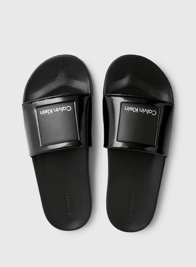 CALVIN KLEIN Men's Logo Sliders -  bio blend shiny faux leather upper  , Black