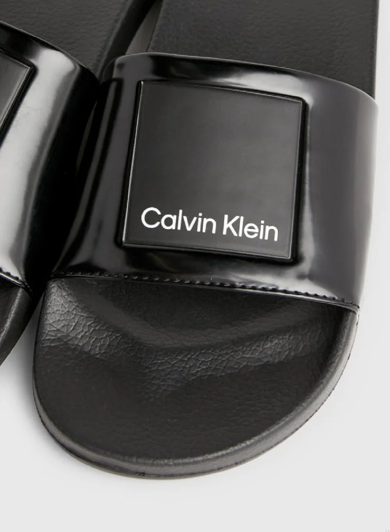 CALVIN KLEIN Men's Logo Sliders -  bio blend shiny faux leather upper  , Black