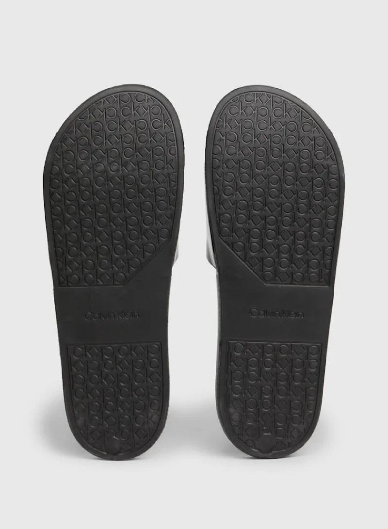 CALVIN KLEIN Men's Logo Sliders -  bio blend shiny faux leather upper  , Black