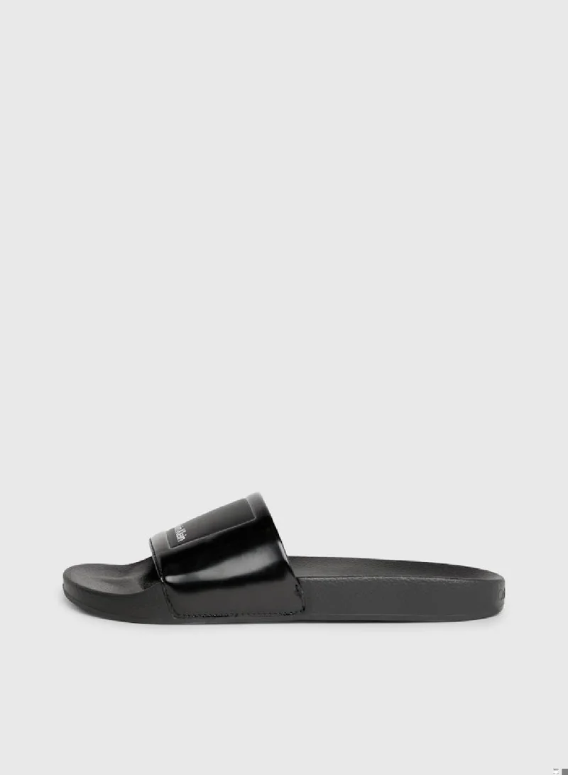 CALVIN KLEIN Men's Logo Sliders -  bio blend shiny faux leather upper  , Black