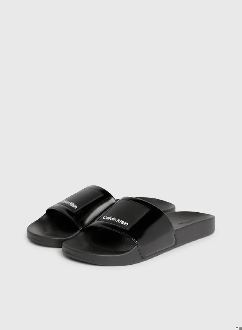 CALVIN KLEIN Men's Logo Sliders -  bio blend shiny faux leather upper  , Black