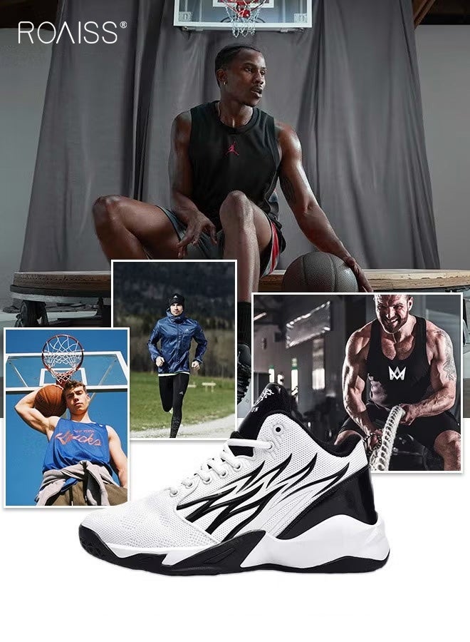 roaiss High Top Basketball Sneakers for Men Flame Pattern Outdoor Non-slip Trainers Trendy Casual Lightweight Sports Shoes Men's Elastic Thick Sole Athletic Shoes for Teenagers Black White Colorblock Sneakers - Image 2