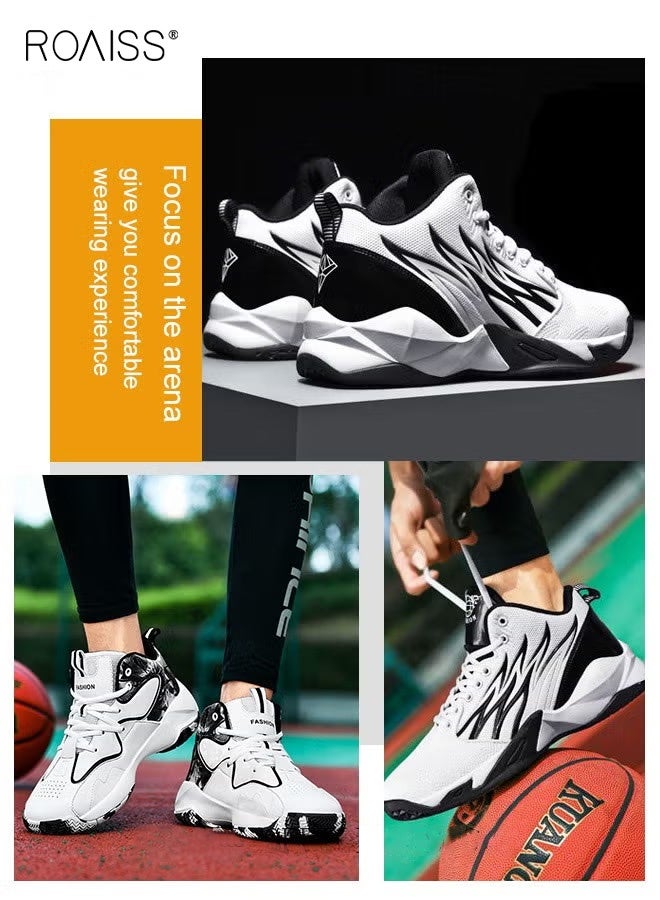 roaiss High Top Basketball Sneakers for Men Flame Pattern Outdoor Non-slip Trainers Trendy Casual Lightweight Sports Shoes Men's Elastic Thick Sole Athletic Shoes for Teenagers Black White Colorblock Sneakers - Image 3