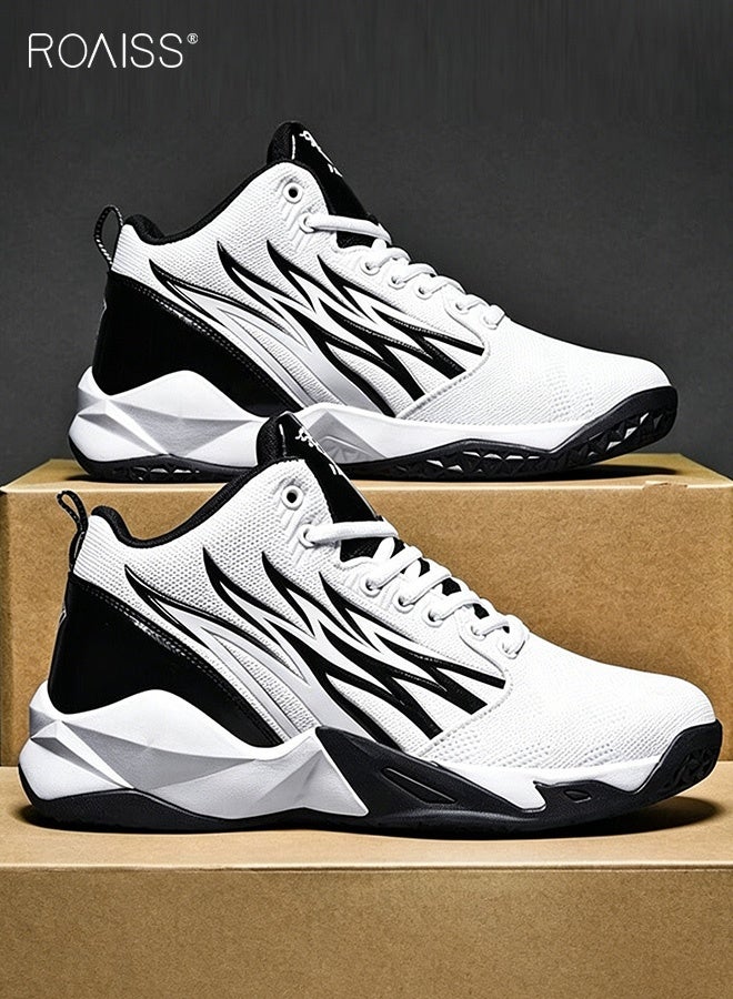 roaiss High Top Basketball Sneakers for Men Flame Pattern Outdoor Non-slip Trainers Trendy Casual Lightweight Sports Shoes Men's Elastic Thick Sole Athletic Shoes for Teenagers Black White Colorblock Sneakers - Image 1