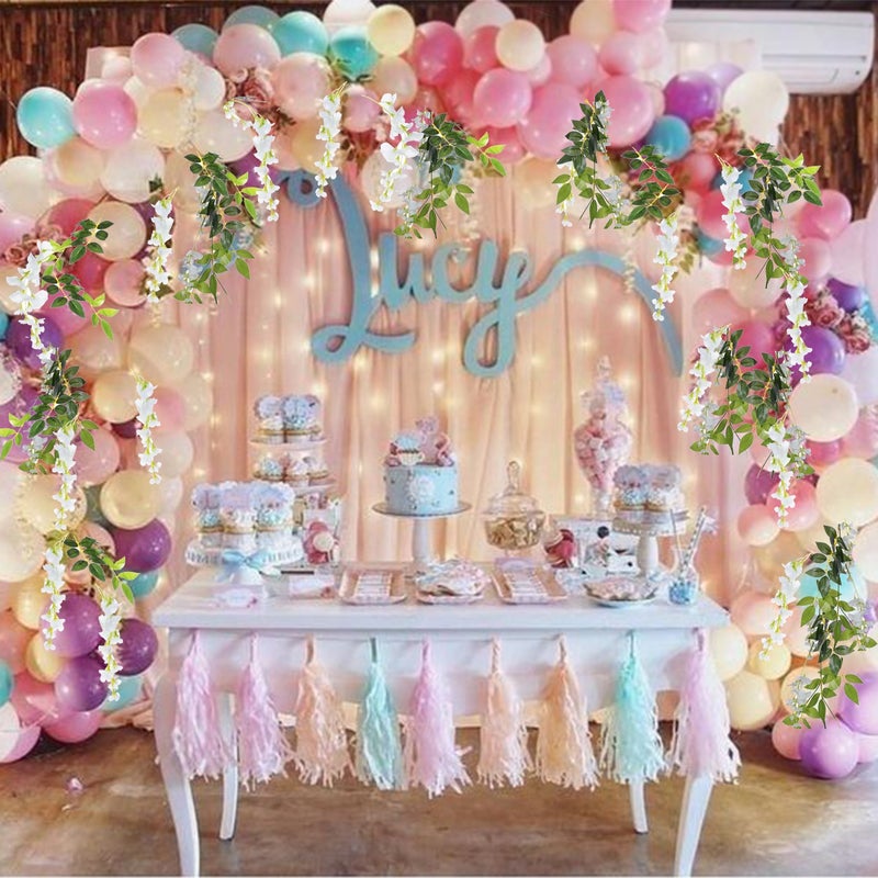 DearHouse 4Pcs 6.6Ft/Piece Artificial Flowers Silk Wisteria Garland Artificial Wisteria Vine Rattan Silk Hanging Flower for Home Garden Outdoor Ceremony Wedding Arch Floral Decor (White) - Image 4