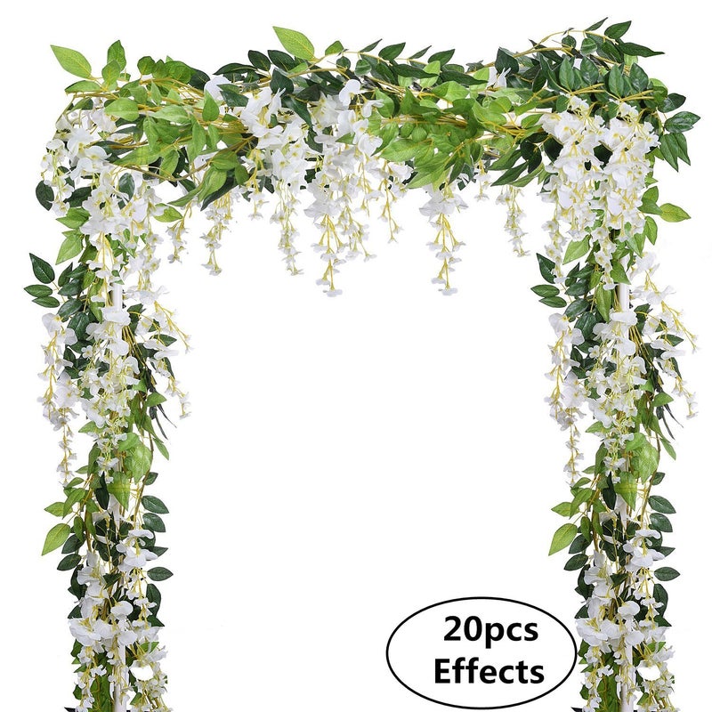 DearHouse 4Pcs 6.6Ft/Piece Artificial Flowers Silk Wisteria Garland Artificial Wisteria Vine Rattan Silk Hanging Flower for Home Garden Outdoor Ceremony Wedding Arch Floral Decor (White) - Image 2