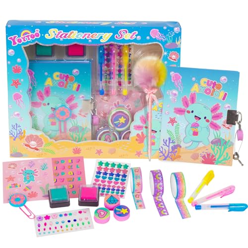 YOYTOO Axolotl Diary for Girls with Lock, Axolotl Stationery Set with Secret Diary, Stamps, Pens, Journal Notebook Birthday Gifts for Little Girls Age 5 6 7 8 9 10 Years Old - Image 1