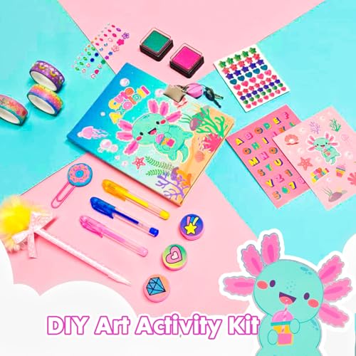 YOYTOO Axolotl Diary for Girls with Lock, Axolotl Stationery Set with Secret Diary, Stamps, Pens, Journal Notebook Birthday Gifts for Little Girls Age 5 6 7 8 9 10 Years Old - Image 4