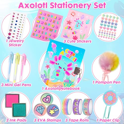 YOYTOO Axolotl Diary for Girls with Lock, Axolotl Stationery Set with Secret Diary, Stamps, Pens, Journal Notebook Birthday Gifts for Little Girls Age 5 6 7 8 9 10 Years Old - Image 2