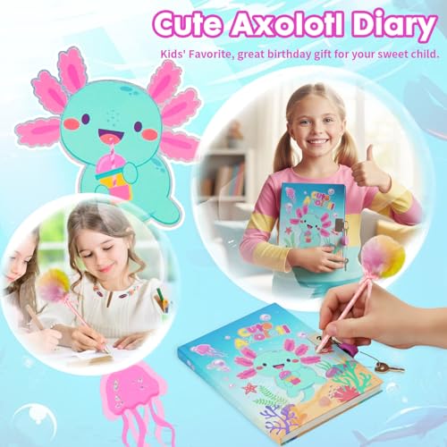 YOYTOO Axolotl Diary for Girls with Lock, Axolotl Stationery Set with Secret Diary, Stamps, Pens, Journal Notebook Birthday Gifts for Little Girls Age 5 6 7 8 9 10 Years Old - Image 3
