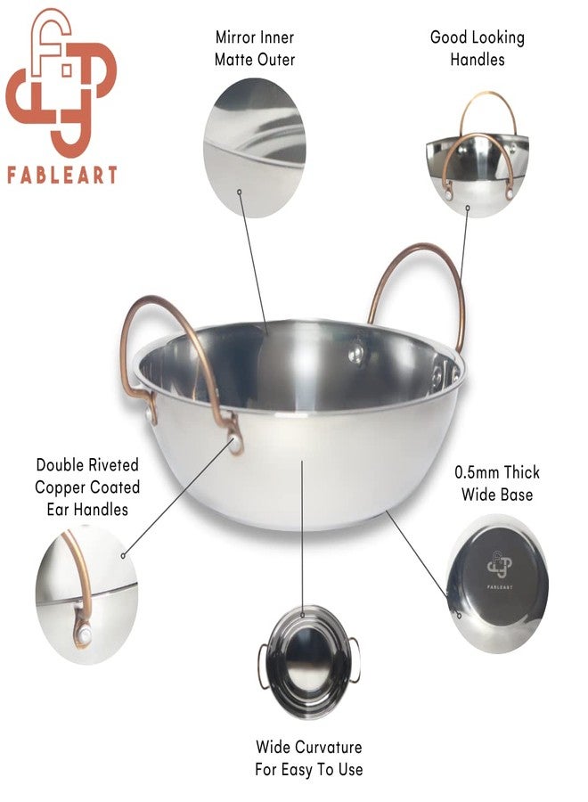 Fableart Stainless Steel Kadhai for Daily Cooking, Lightweight, with Copper Coloured Handles, 24cm, 2000 ml Capacity - Image 3