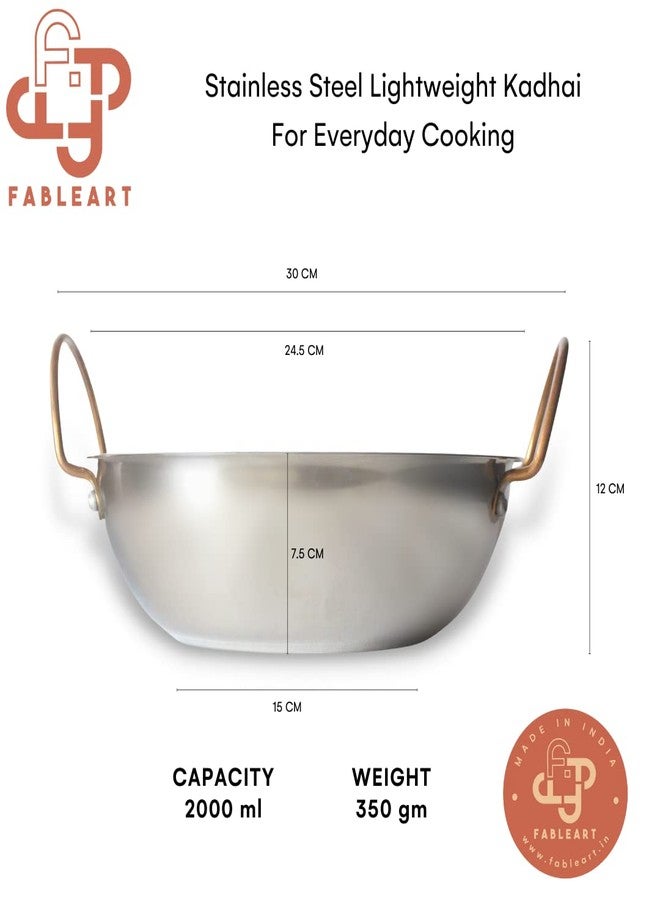 Fableart Stainless Steel Kadhai for Daily Cooking, Lightweight, with Copper Coloured Handles, 24cm, 2000 ml Capacity - Image 2