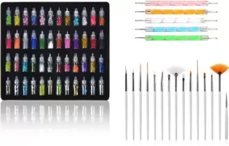 FEELHIGH 48 Bottles 3D Nail Art Set 5Pc Double Side Dotting Pen 15Pcs Nail Art Brush Decoration Tool Combo - Image 1