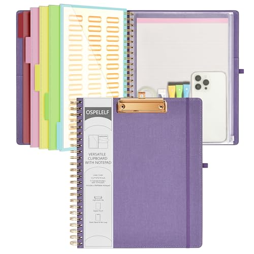 Ospelelf Foldable Spiral Clipboard Folio with Storage Zipper Pouch, 5 Plastic Folders with 10 Pockets,Refillable Lined Notepad (11" x 8.5"), Hardcover Project Organizer with 39 Stickers (Purple) - Image 1