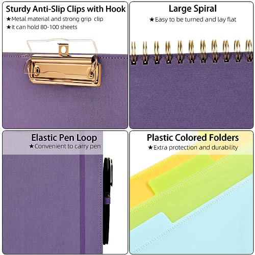 Ospelelf Foldable Spiral Clipboard Folio with Storage Zipper Pouch, 5 Plastic Folders with 10 Pockets,Refillable Lined Notepad (11" x 8.5"), Hardcover Project Organizer with 39 Stickers (Purple) - Image 4