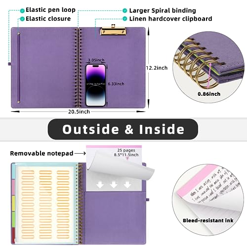 Ospelelf Foldable Spiral Clipboard Folio with Storage Zipper Pouch, 5 Plastic Folders with 10 Pockets,Refillable Lined Notepad (11" x 8.5"), Hardcover Project Organizer with 39 Stickers (Purple) - Image 3