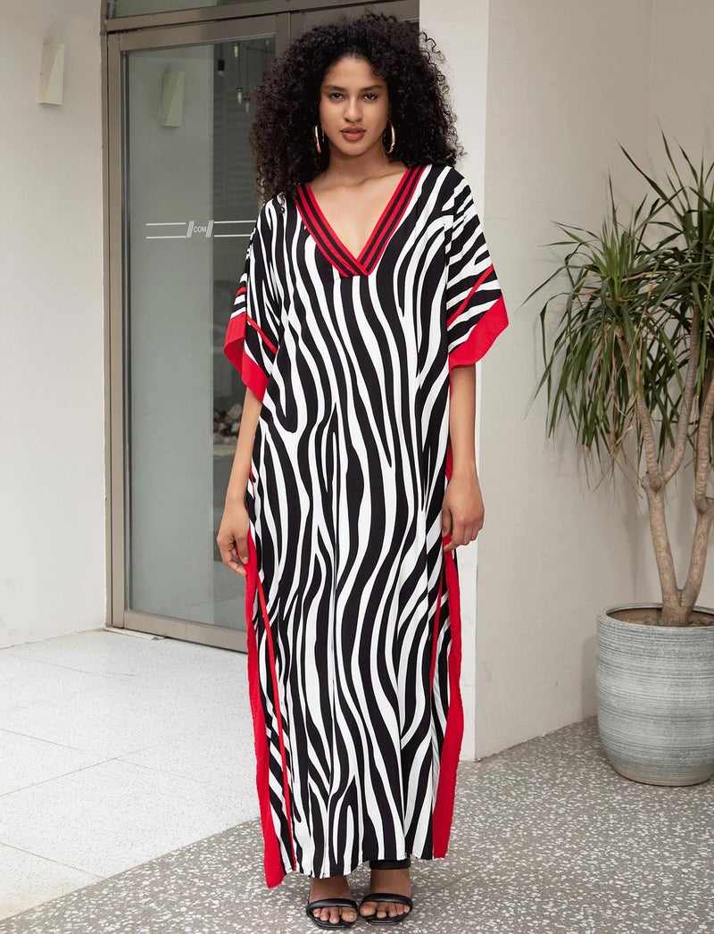 KECVOT Kaftan Dresses for Women V-Neck Print Swimsuit Cover Up Plus Size Beach Caftan Lounge Dress - Image 2