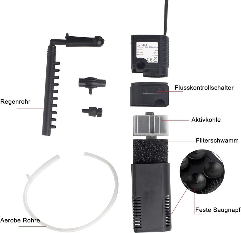 VAYINATO فلتر داخلي لخزان الأسماك (HJ-532 | 5W | 350L/H | حتى 2.5 قدم خزان) - Image 2