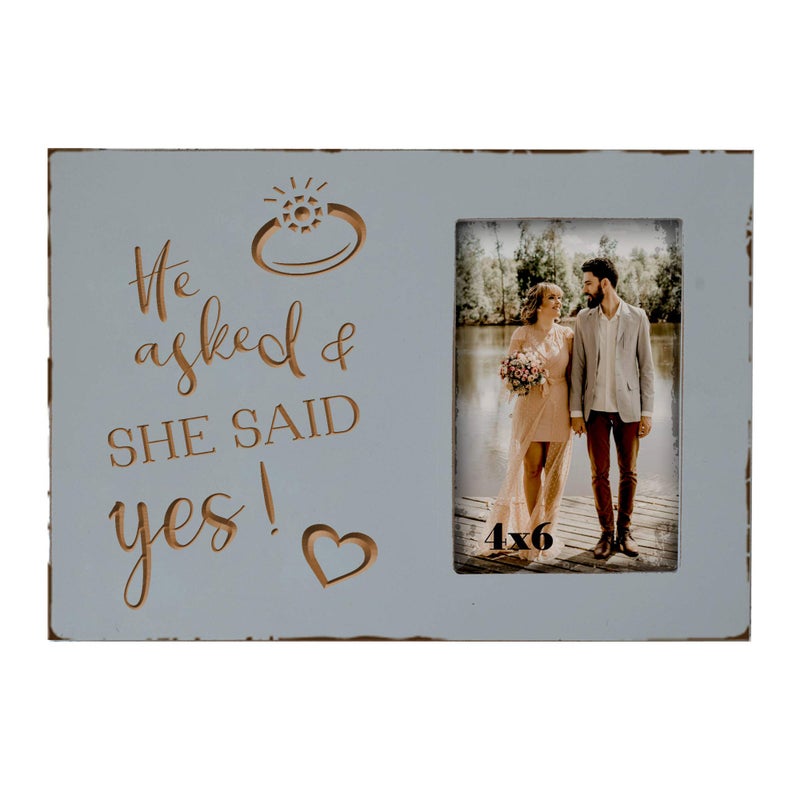 Buecasa Wedding Engagement Gifts for Women Bride to Be  Lovers Engraved Picture Frame 4x6 Inches  He Asked and She Said Yes Warm Grey