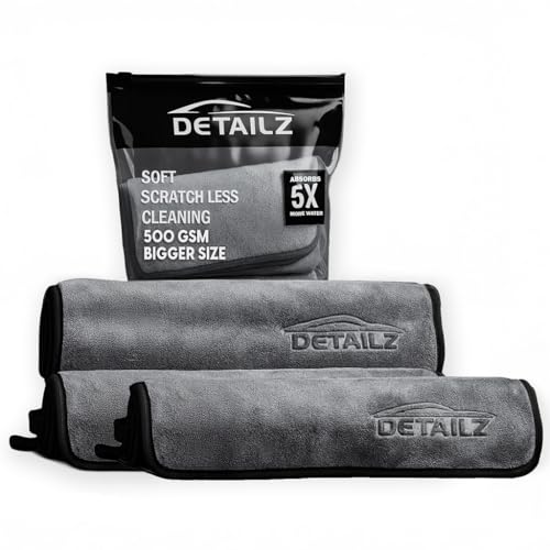 DETAILZ Microfiber Car Cleaning Cloth - Super Soft 500 GSM (60x40 CM) Microfiber Cloth for Car and Bike - Suede Edging for Scratch Less Drying and Detailing (Pack of 3) - Image 1