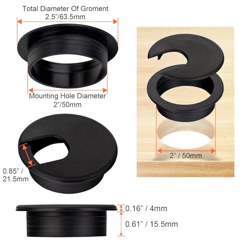 LepoHome 2 Inch Desk Grommet - 6Pcs Plastic Desk Cord Hole Cover, 50mm Diameter Black Cable Grommets Hole Cover for Organized Wires & Cords Through Computer Table/Countertops - Image 2