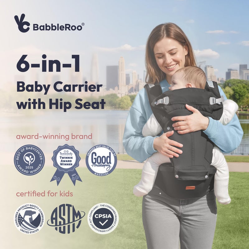 BabbleRoo Grow Carrier â€“ Safety-Certified 6-in-1 Toddler & Baby Carrier with Hip Seat, Ergonomic & Adjustable Toddler Carrier 7-50 lbs with Hip Support, Hood for Sun Protection, Newborn to Toddler - Image 2