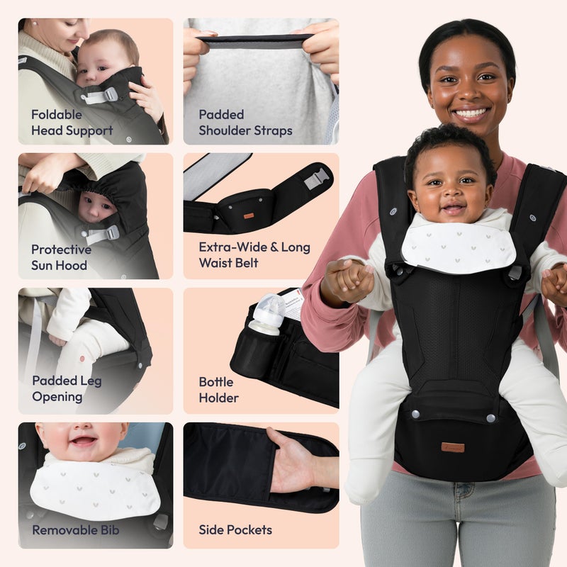 BabbleRoo Grow Carrier â€“ Safety-Certified 6-in-1 Toddler & Baby Carrier with Hip Seat, Ergonomic & Adjustable Toddler Carrier 7-50 lbs with Hip Support, Hood for Sun Protection, Newborn to Toddler - Image 5