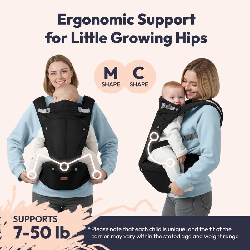BabbleRoo Grow Carrier â€“ Safety-Certified 6-in-1 Toddler & Baby Carrier with Hip Seat, Ergonomic & Adjustable Toddler Carrier 7-50 lbs with Hip Support, Hood for Sun Protection, Newborn to Toddler - Image 4