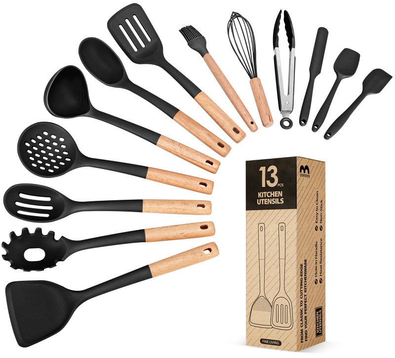Badiano Kitchen Utensils Set, 13PCS Silicone Cooking Utensils, Heat Resistant Kitchen Utensil Spatula Set for Nonstick Cookware, Wooden Handles Kitchen Gadgets Tools Set - Image 1