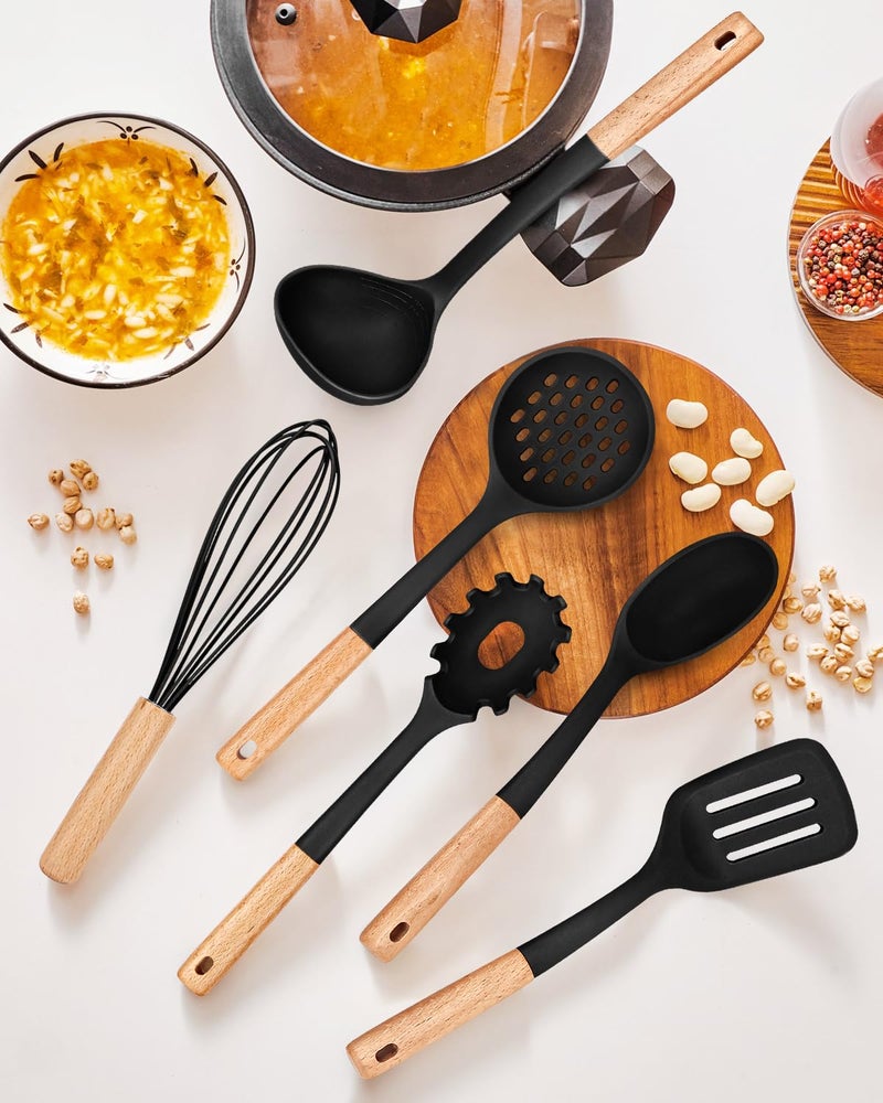 Badiano Kitchen Utensils Set, 13PCS Silicone Cooking Utensils, Heat Resistant Kitchen Utensil Spatula Set for Nonstick Cookware, Wooden Handles Kitchen Gadgets Tools Set - Image 5