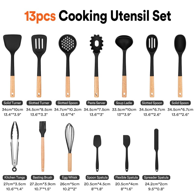 Badiano Kitchen Utensils Set, 13PCS Silicone Cooking Utensils, Heat Resistant Kitchen Utensil Spatula Set for Nonstick Cookware, Wooden Handles Kitchen Gadgets Tools Set - Image 2
