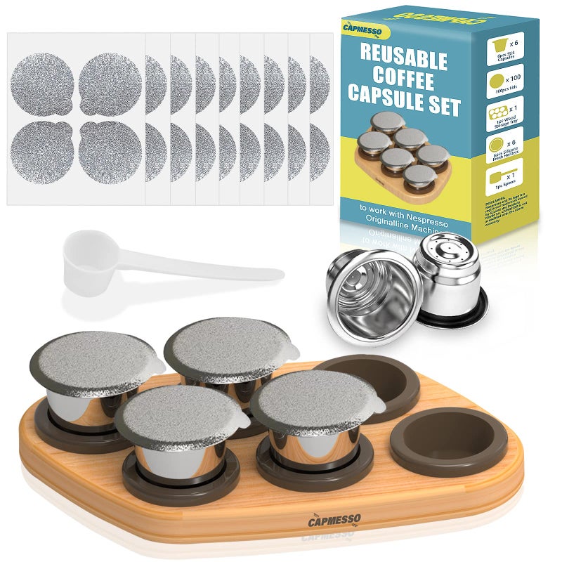 CAPMESSO Reusable Capsules for Nespresso OriginalLine 6pcs Refillable Pods Stainless Steel Coffee Pods Compatible with Nespresso OriginalLine Machine 6 Pods 100 Lids Wood Storage Tray
