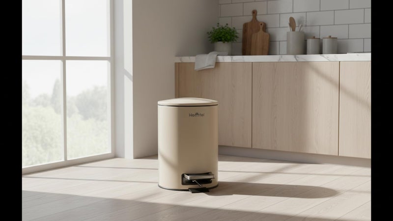 Homfel Pedal Bin Steel 3L Round Beige Thin lid with soft close & inner bucket - Image 4